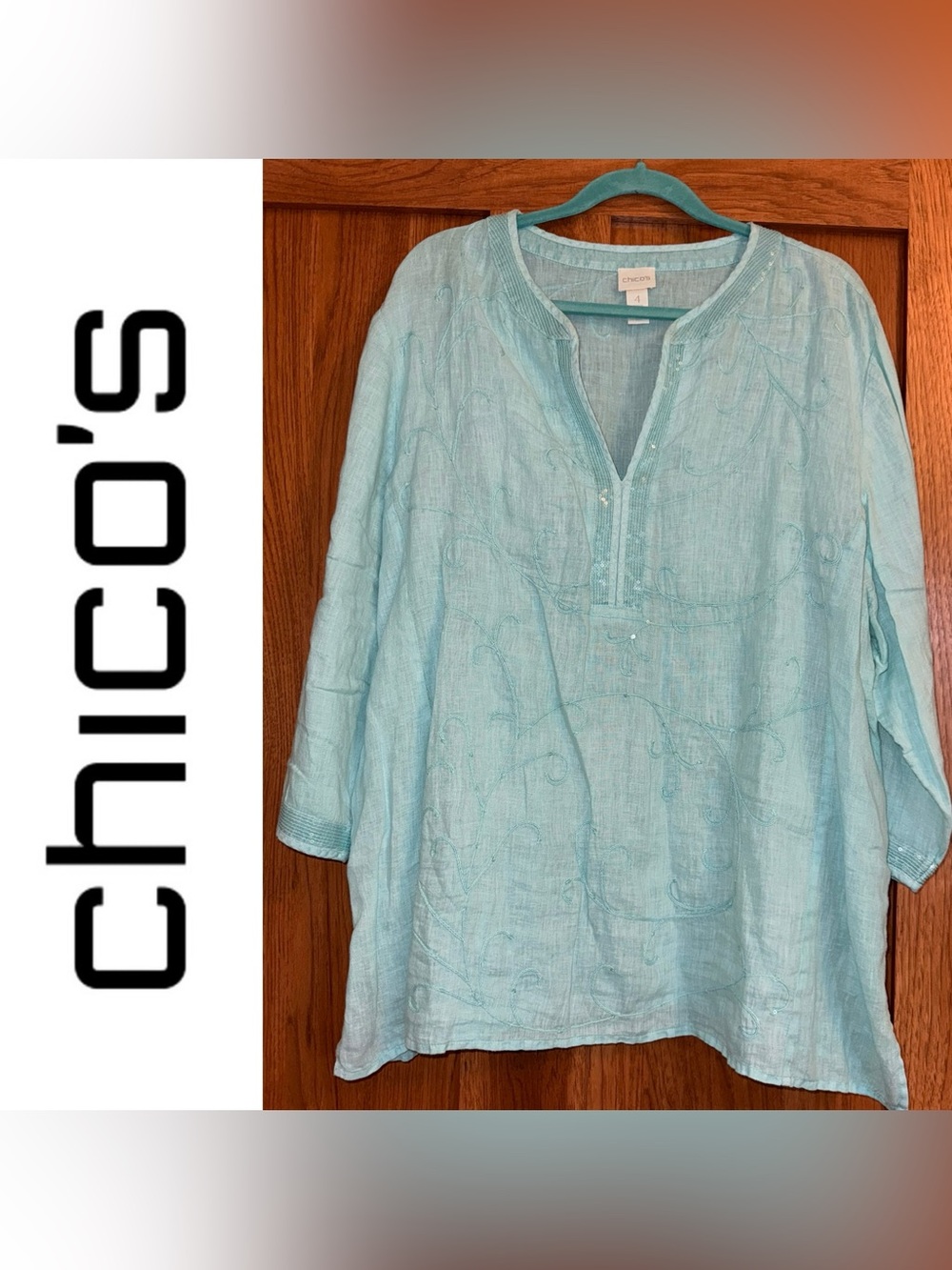 EUC Chico’s Size 4 Sequin Collar Embroidered Aqua  Linen Top